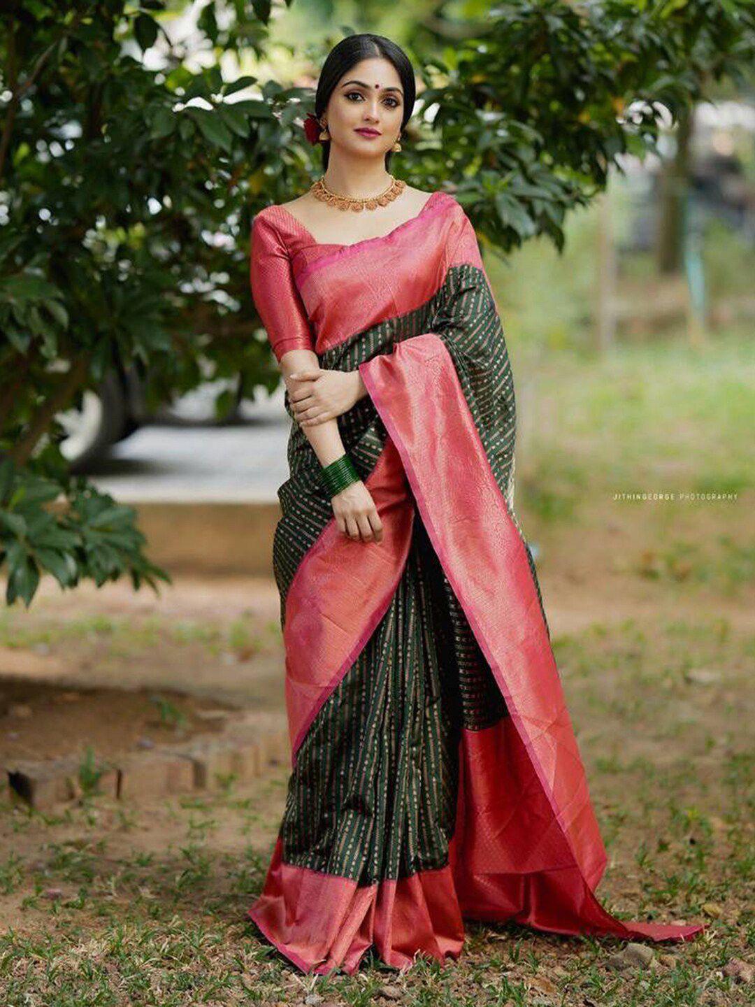 mitera green & pink ethnic woven design zari saree