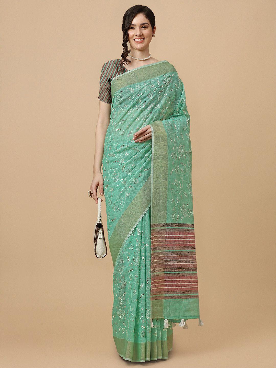 mitera green & pink floral embroidered pure linen saree