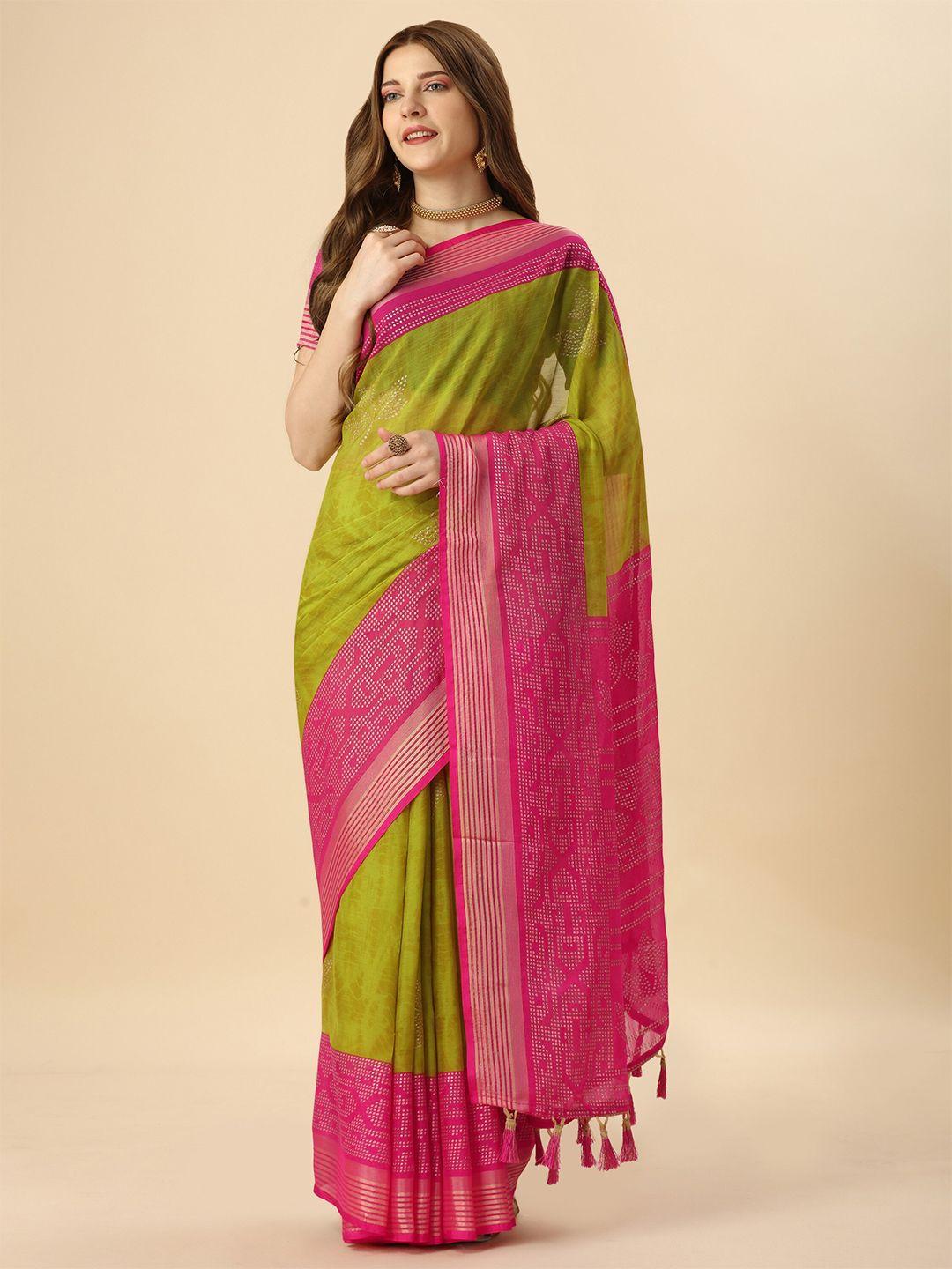 mitera green & pink floral printed saree