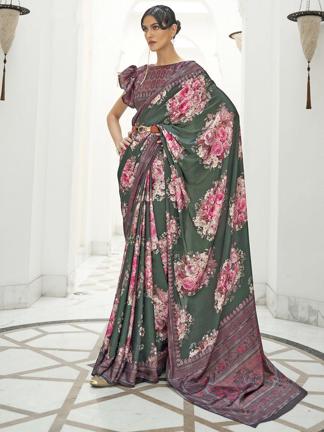 mitera green & pink floral saree