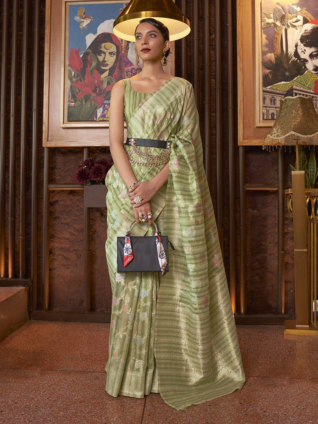 mitera green & pink floral silk blend banarasi saree