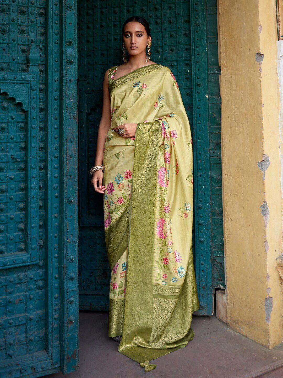 mitera green & pink floral zari silk blend sungudi saree