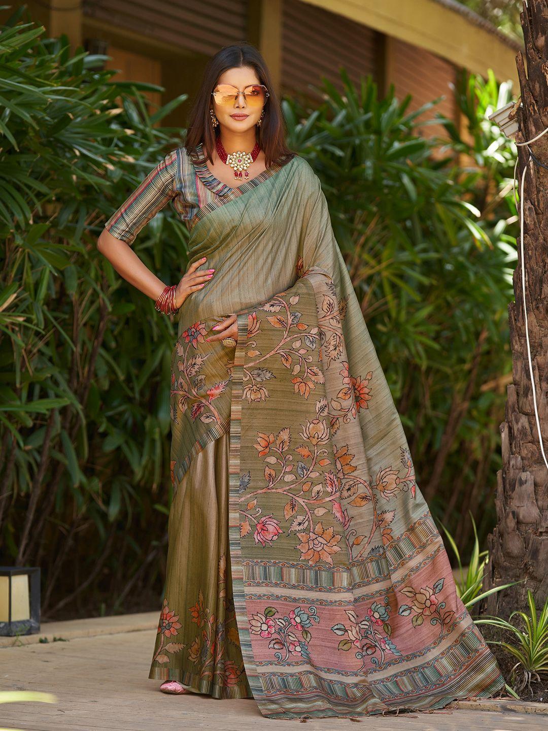 mitera green & pink kalamkari pure silk saree