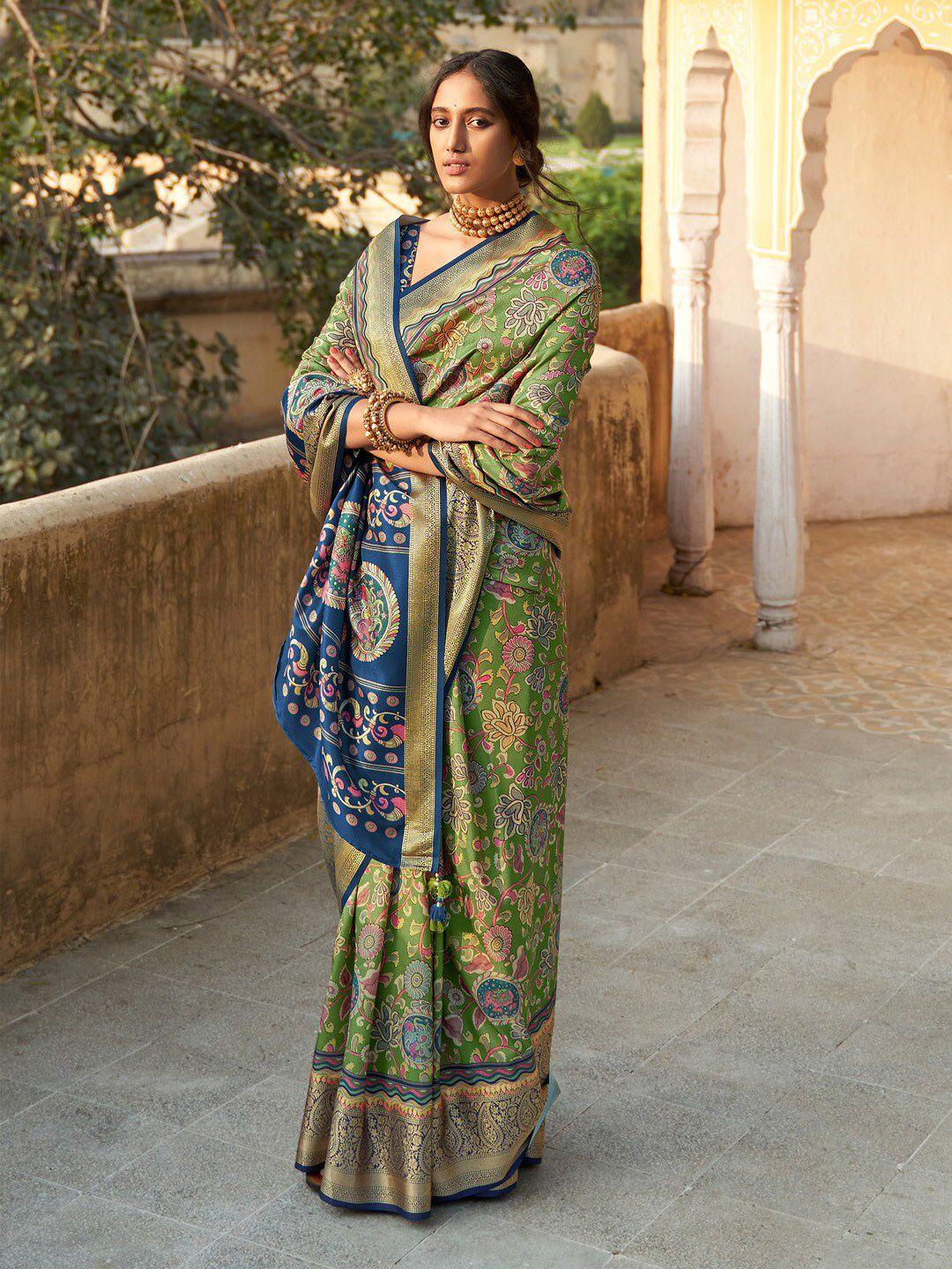 mitera green & pink kalamkari zari silk blend sungudi saree