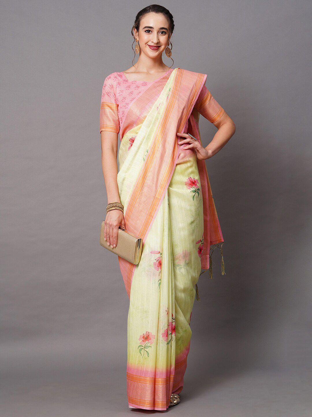 mitera green & pink linen blend floral printed saree