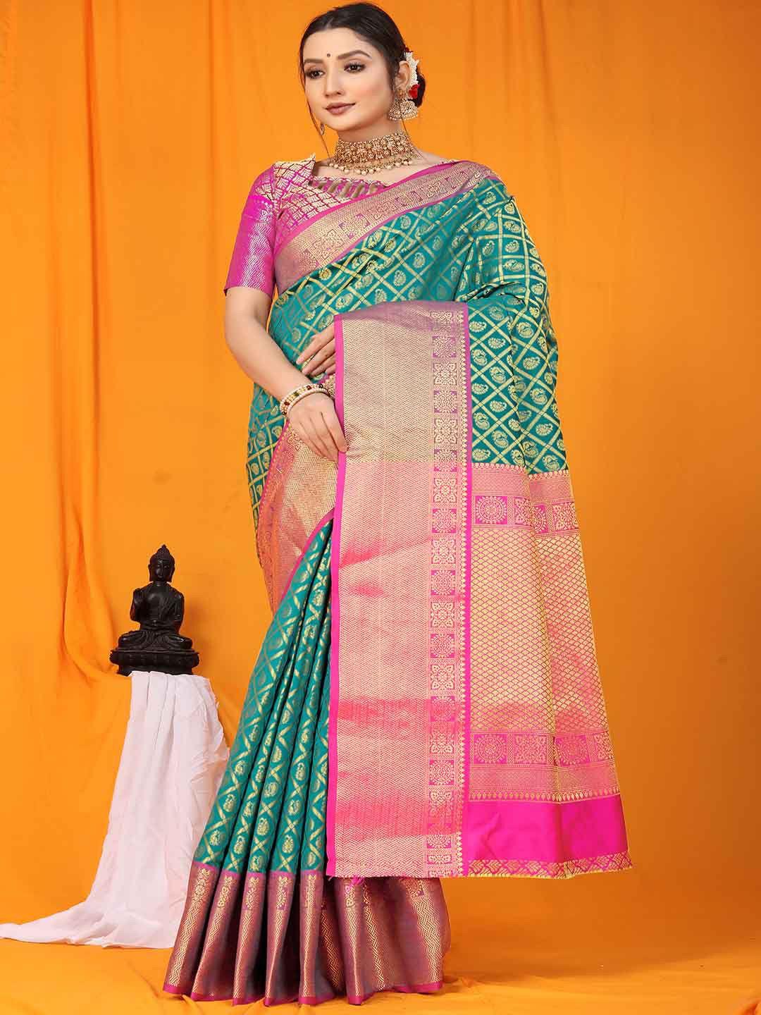 mitera green & pink paisley woven design zari saree