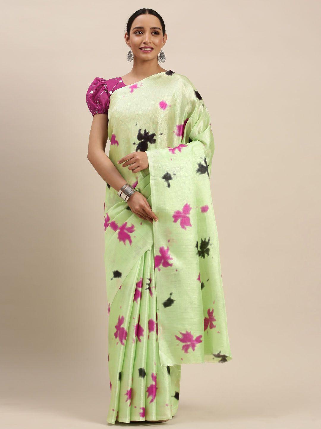 mitera green & pink printed art silk saree