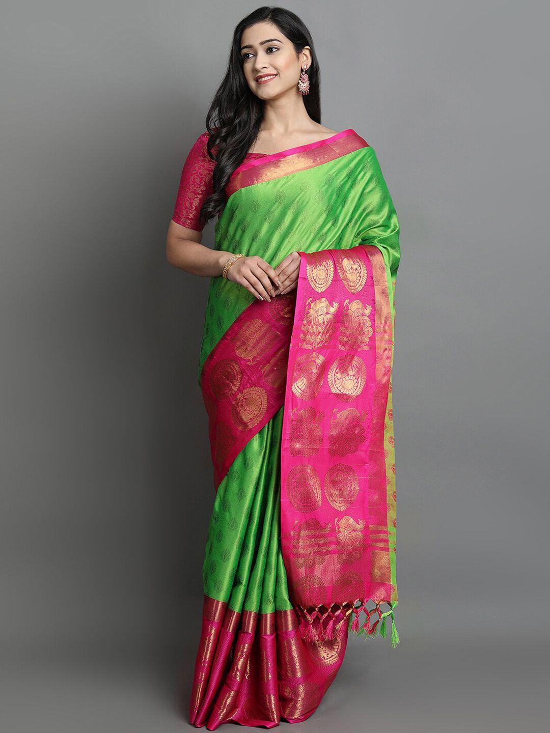 mitera green & pink woven design saree