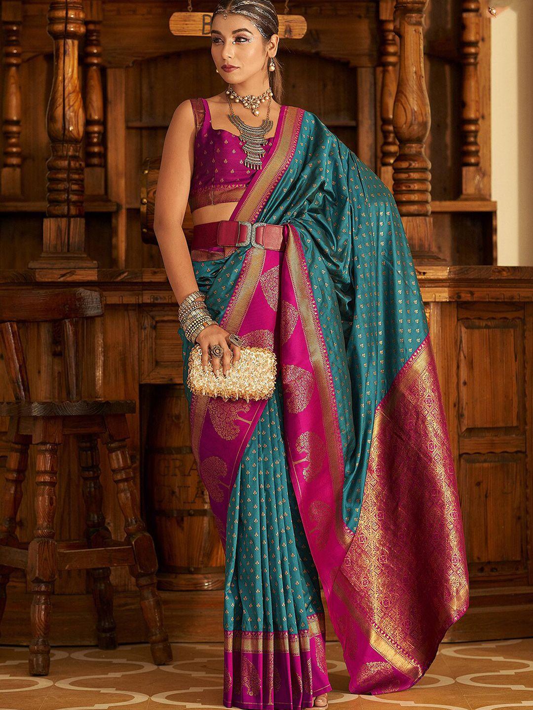 mitera green & pink woven design zari art silk banarasi saree