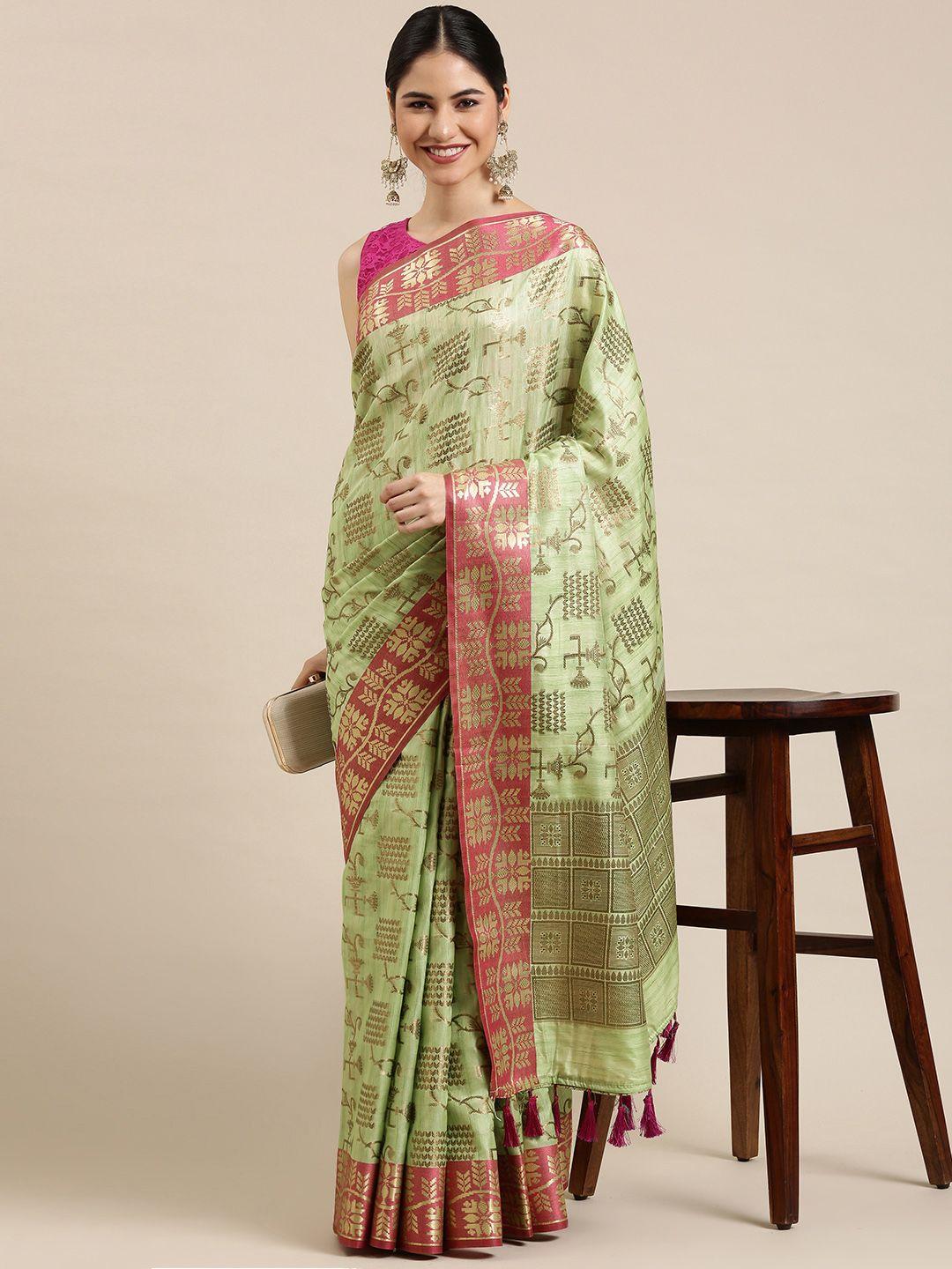 mitera green & pink woven design zari silk blend kanjeevaram saree