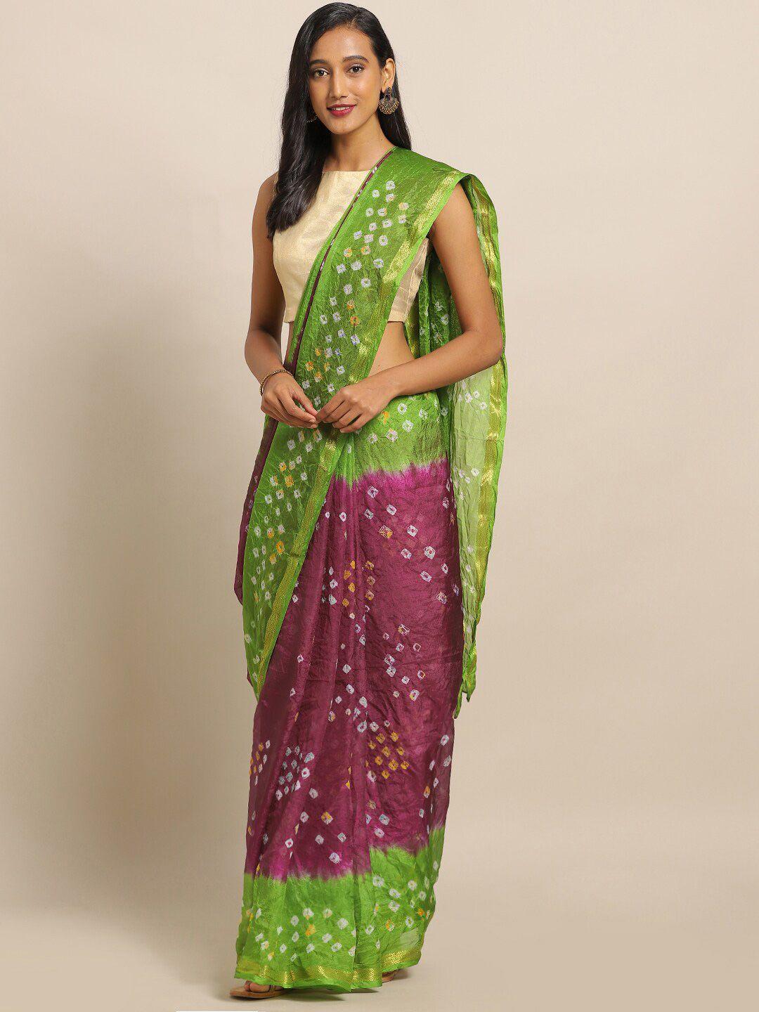 mitera green & purple bandhani art silk bandhani saree