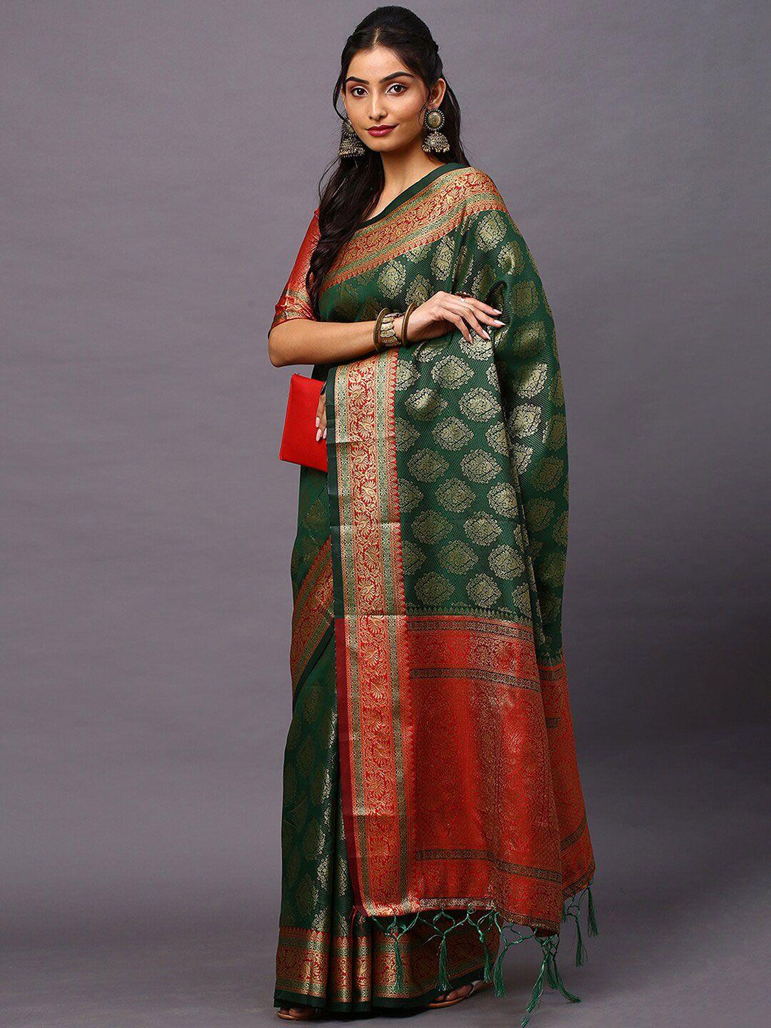 mitera green & red bagh zari silk blend banarasi saree