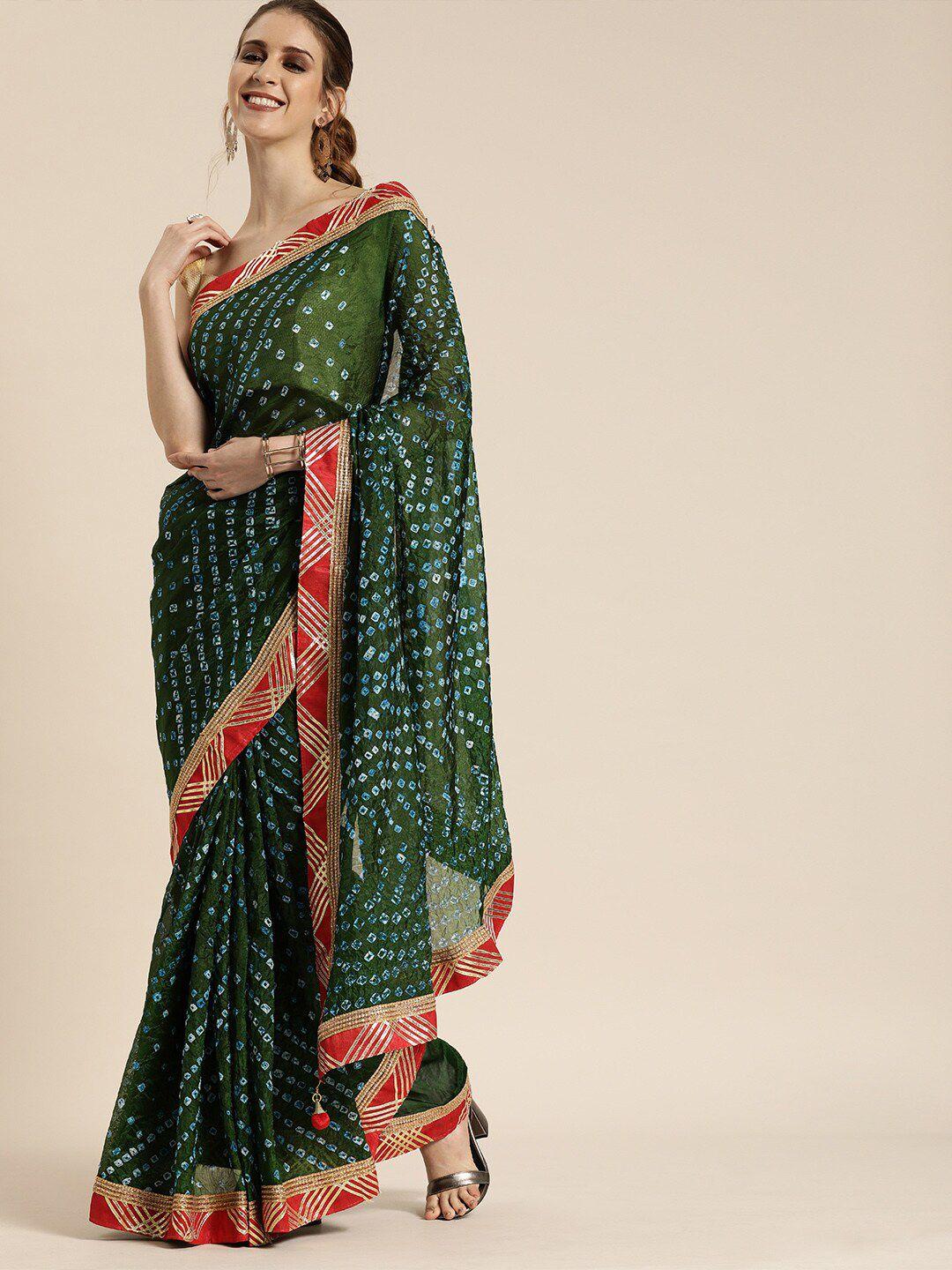 mitera green & red bandhani art silk bandhani saree