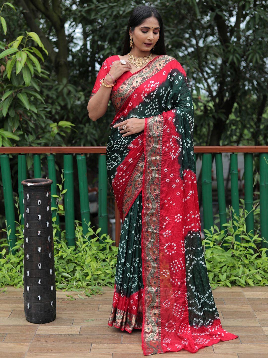 mitera green & red bandhani printed zari silk saree