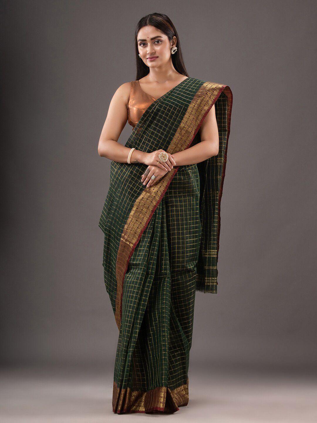 mitera green & red checked zari pure cotton taant saree