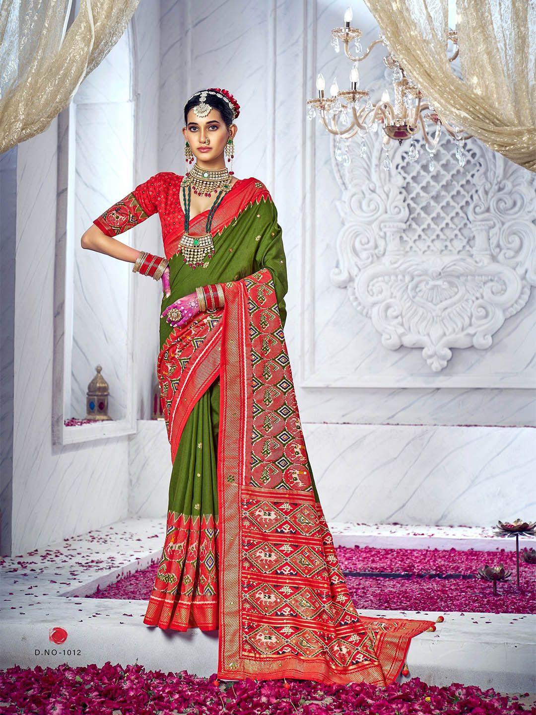 mitera green & red ethnic motifs embroidered mirror work silk cotton ikat saree