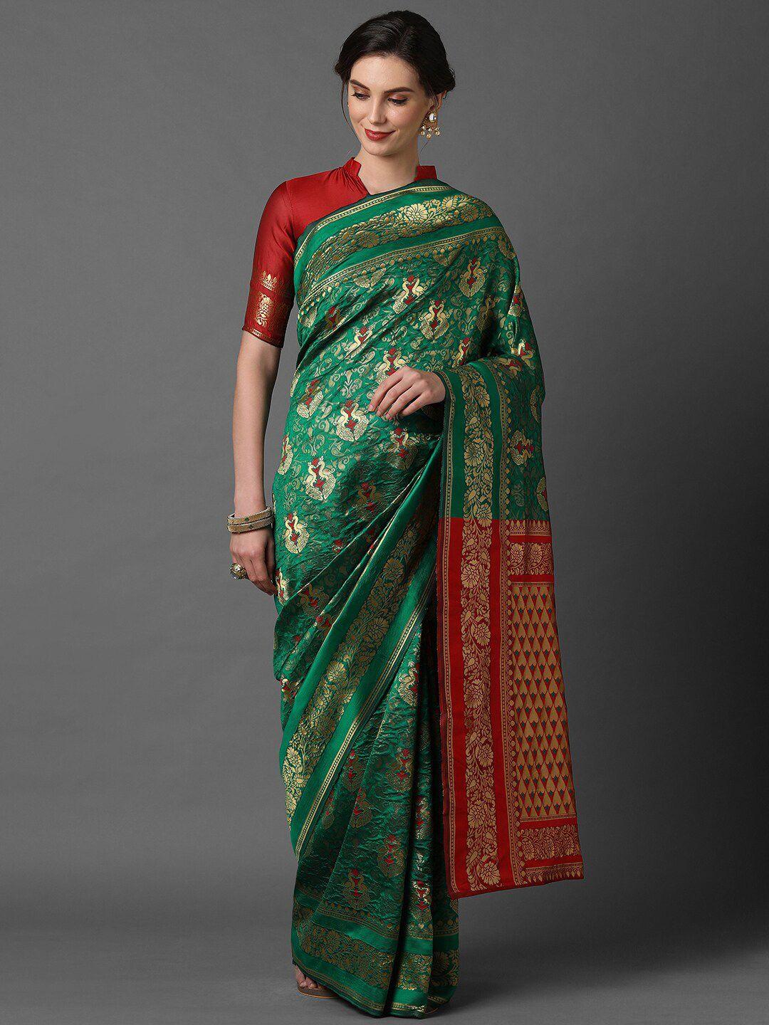 mitera green & red ethnic motifs woven design silk blend banarasi saree