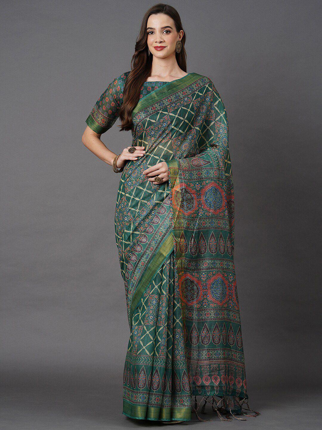 mitera green & red ethnic motifs zari linen blend saree