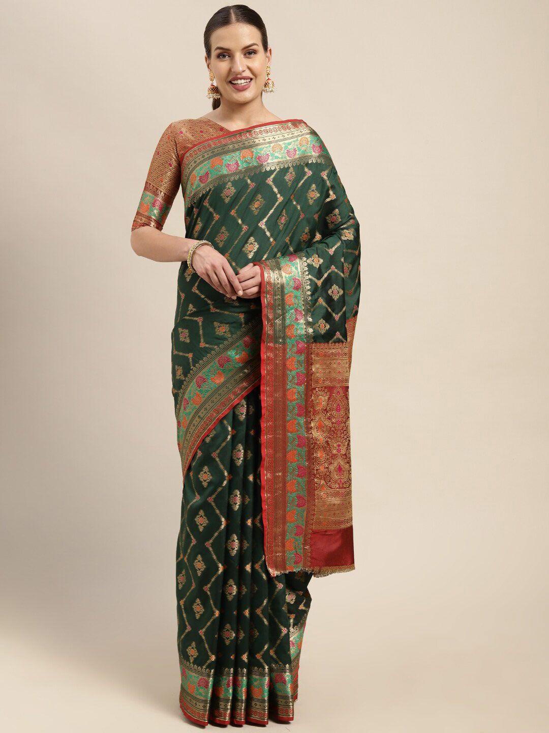 mitera green & red ethnic motifs zari silk blend kanjeevaram saree