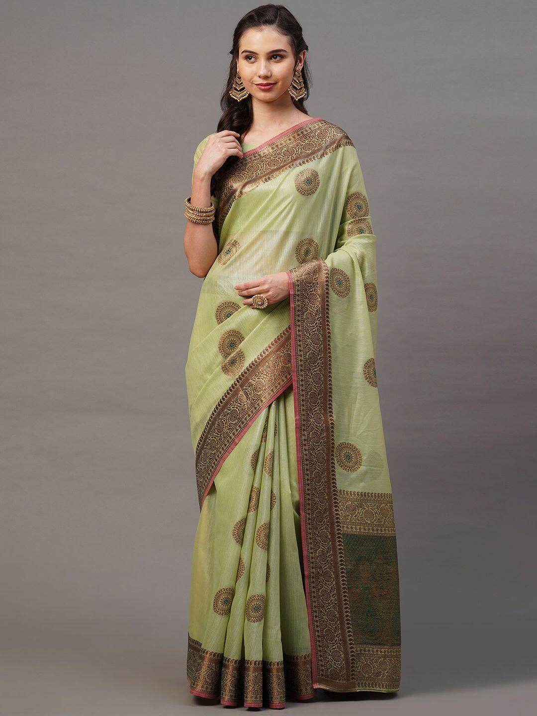 mitera green & red floral woven design banarasi saree