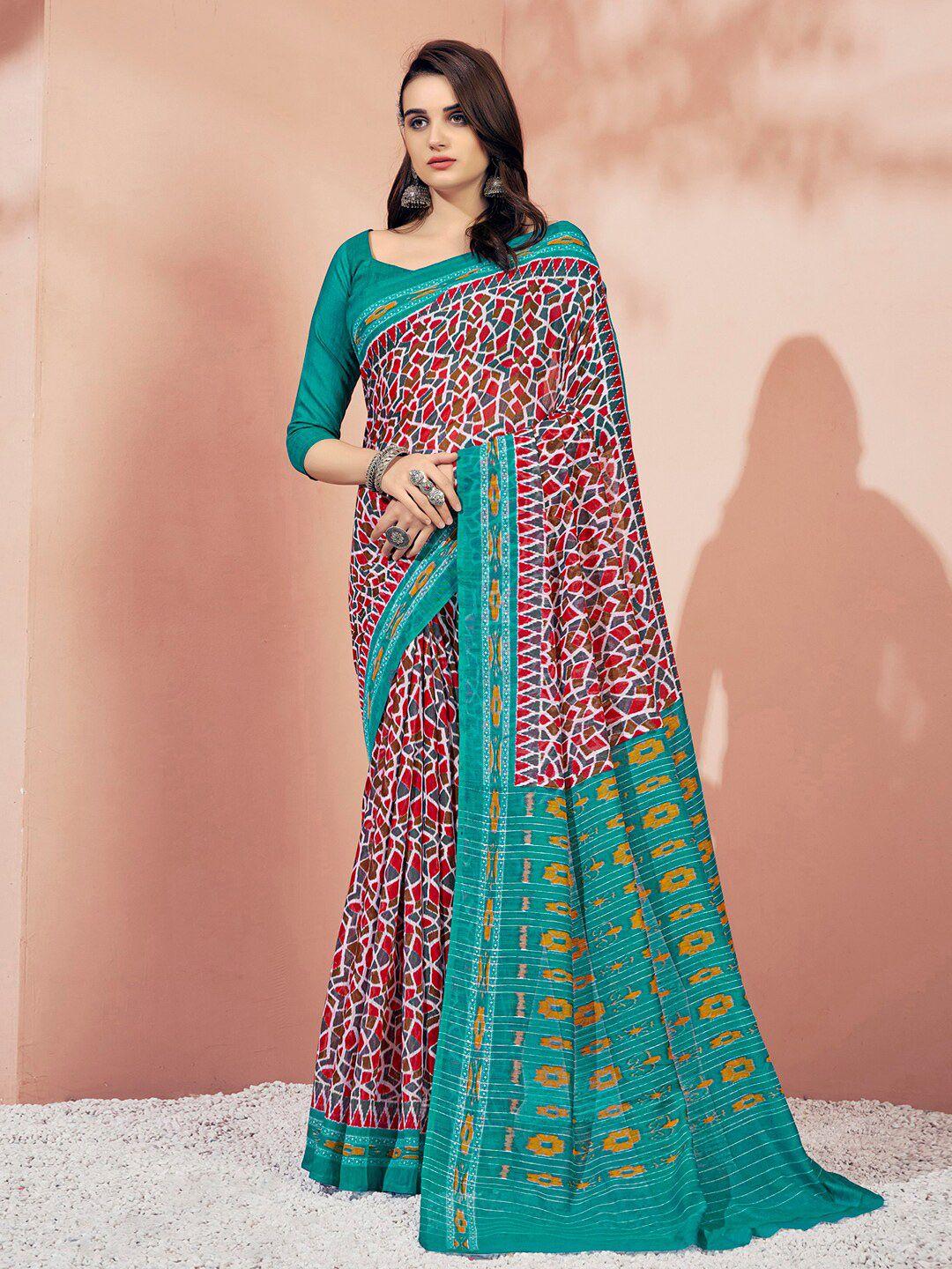 mitera green & red geometric printed saree