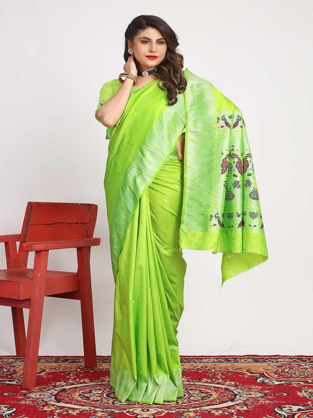 mitera green & red paisley woven design zari saree