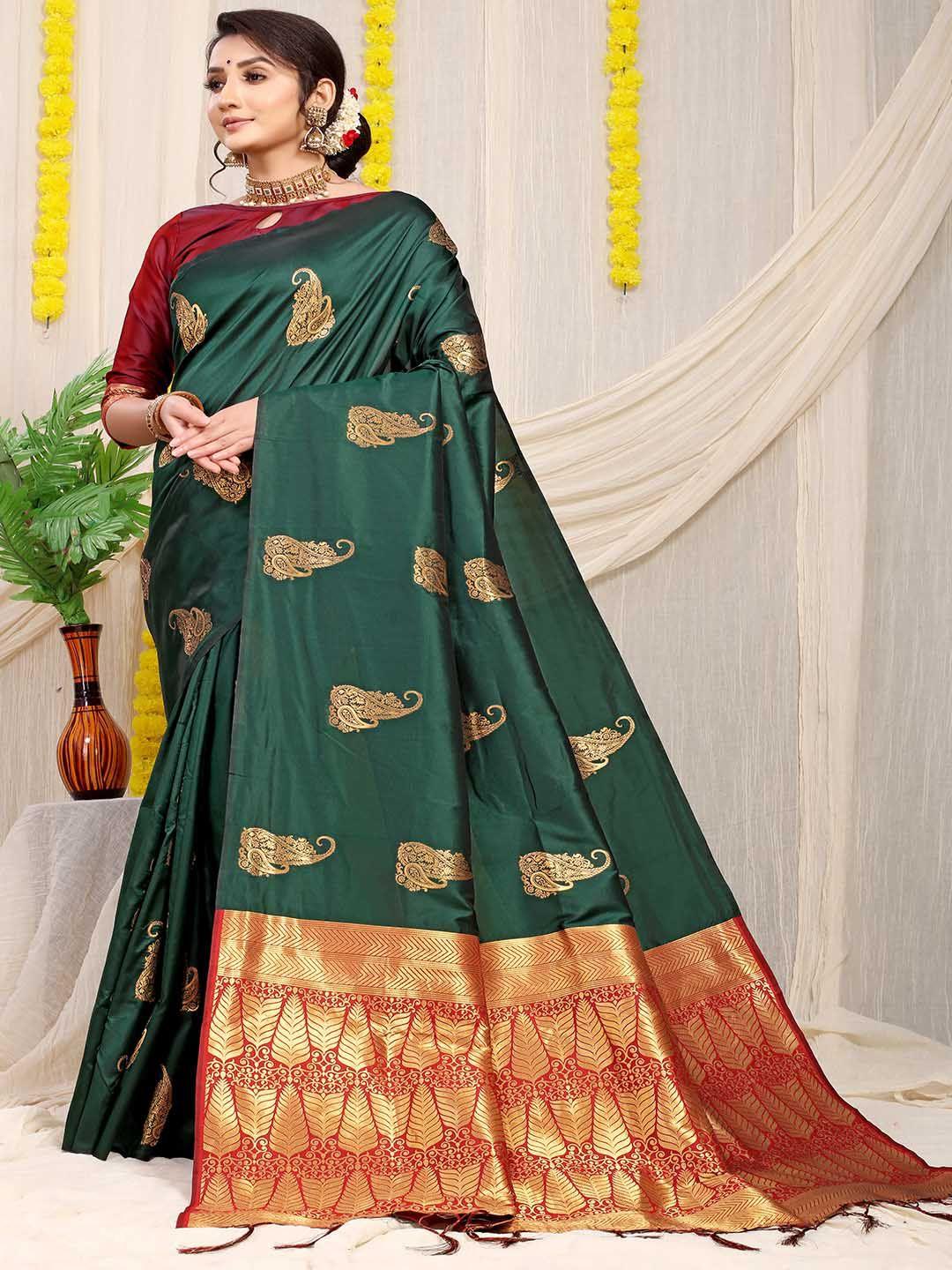 mitera green & red paisley woven design zari saree