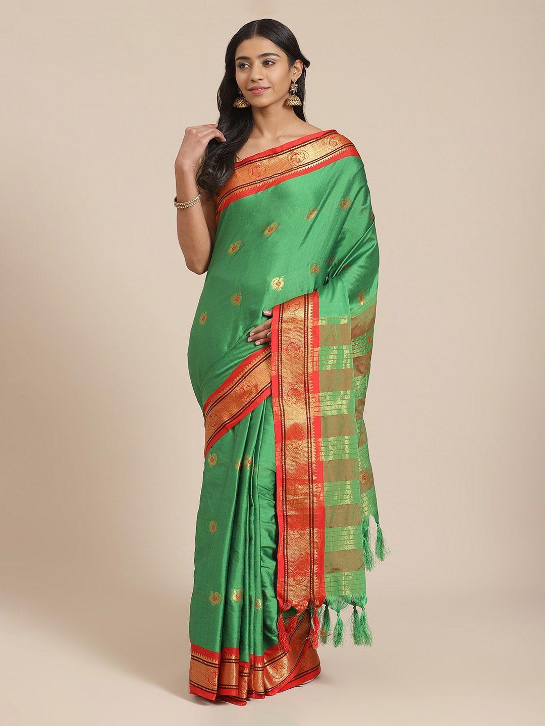 mitera green & red pure silk woven design kanjeevaram saree