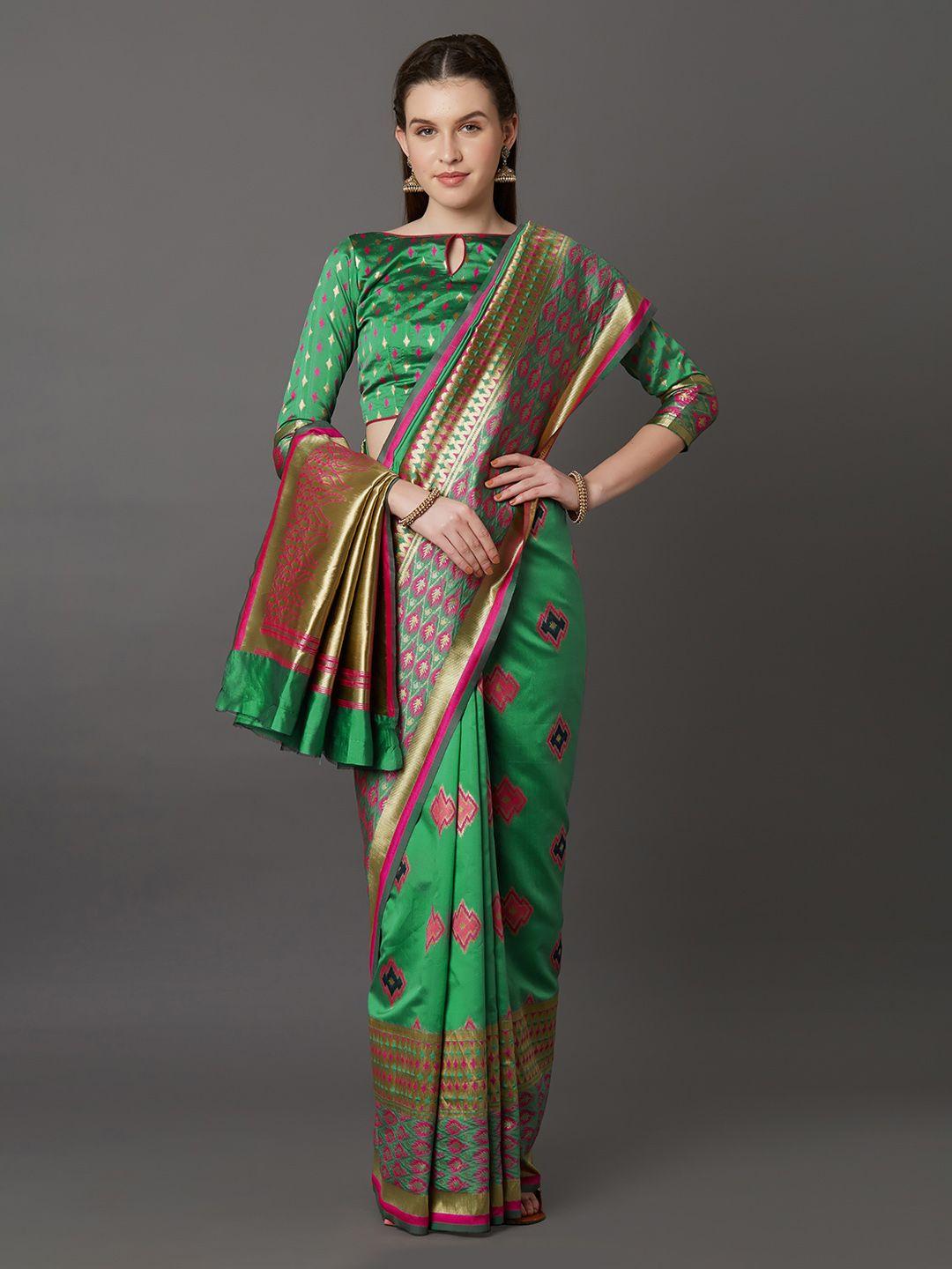 mitera green & red silk blend woven design kanjeevaram saree
