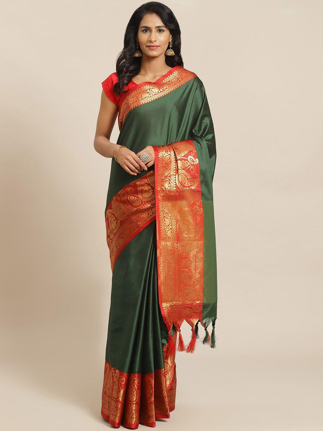 mitera green & red solid banarasi saree