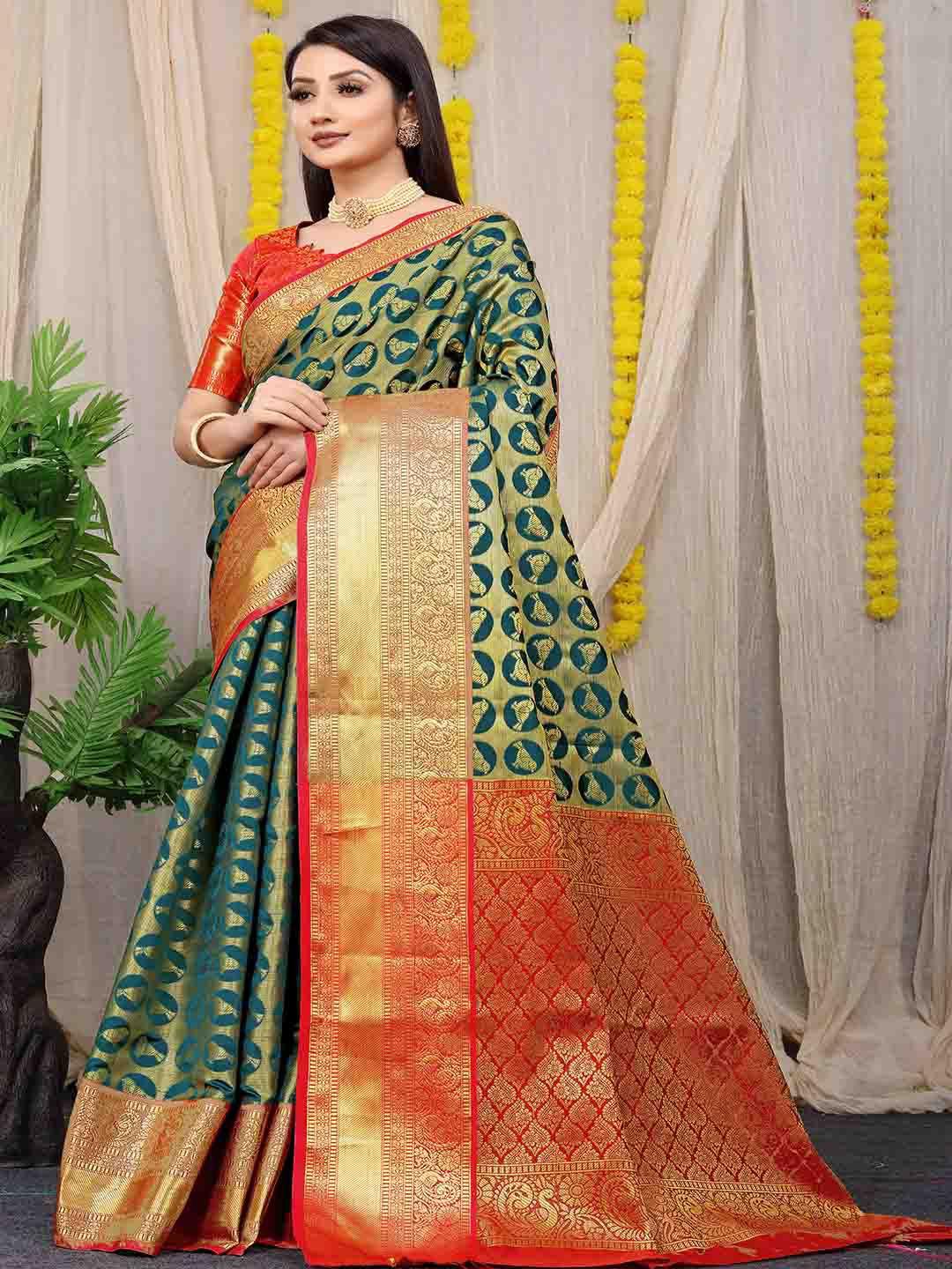 mitera green & red woven design zari art silk saree