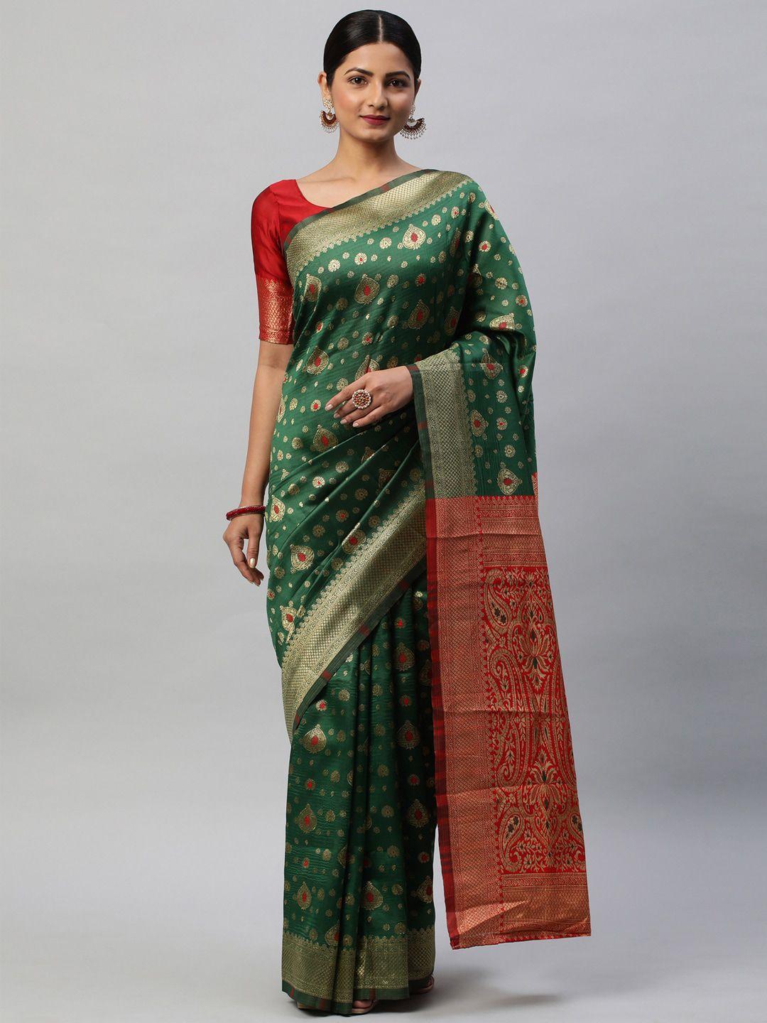 mitera green & red woven design zari kanjeevaram saree