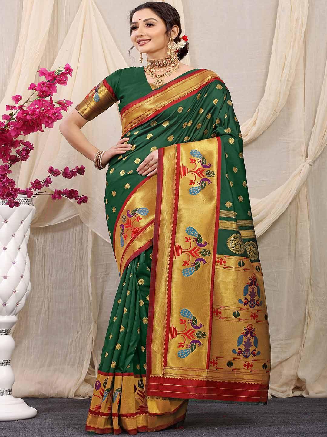 mitera green & red woven design zari saree