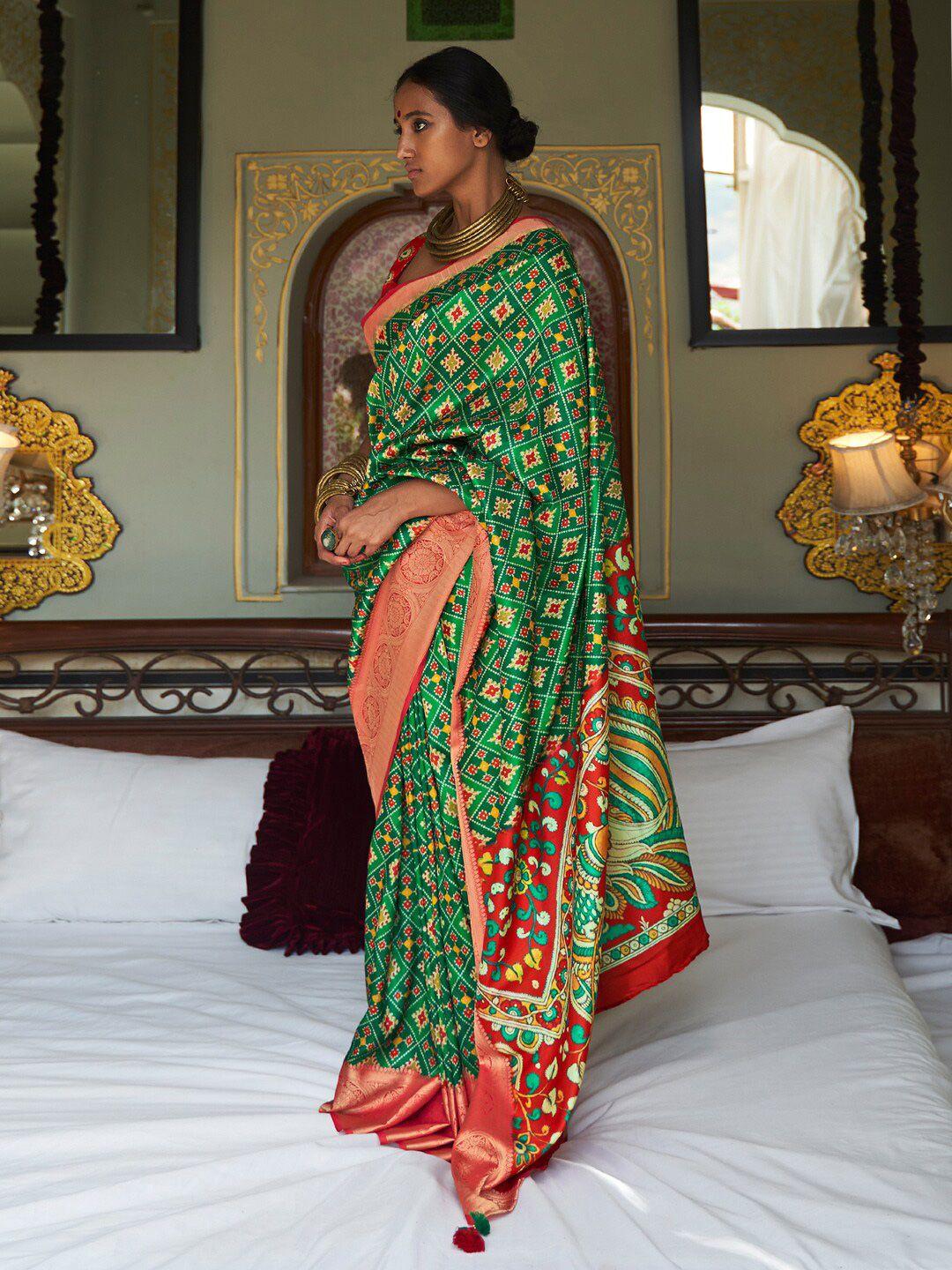 mitera green & red zari silk blend ikat saree