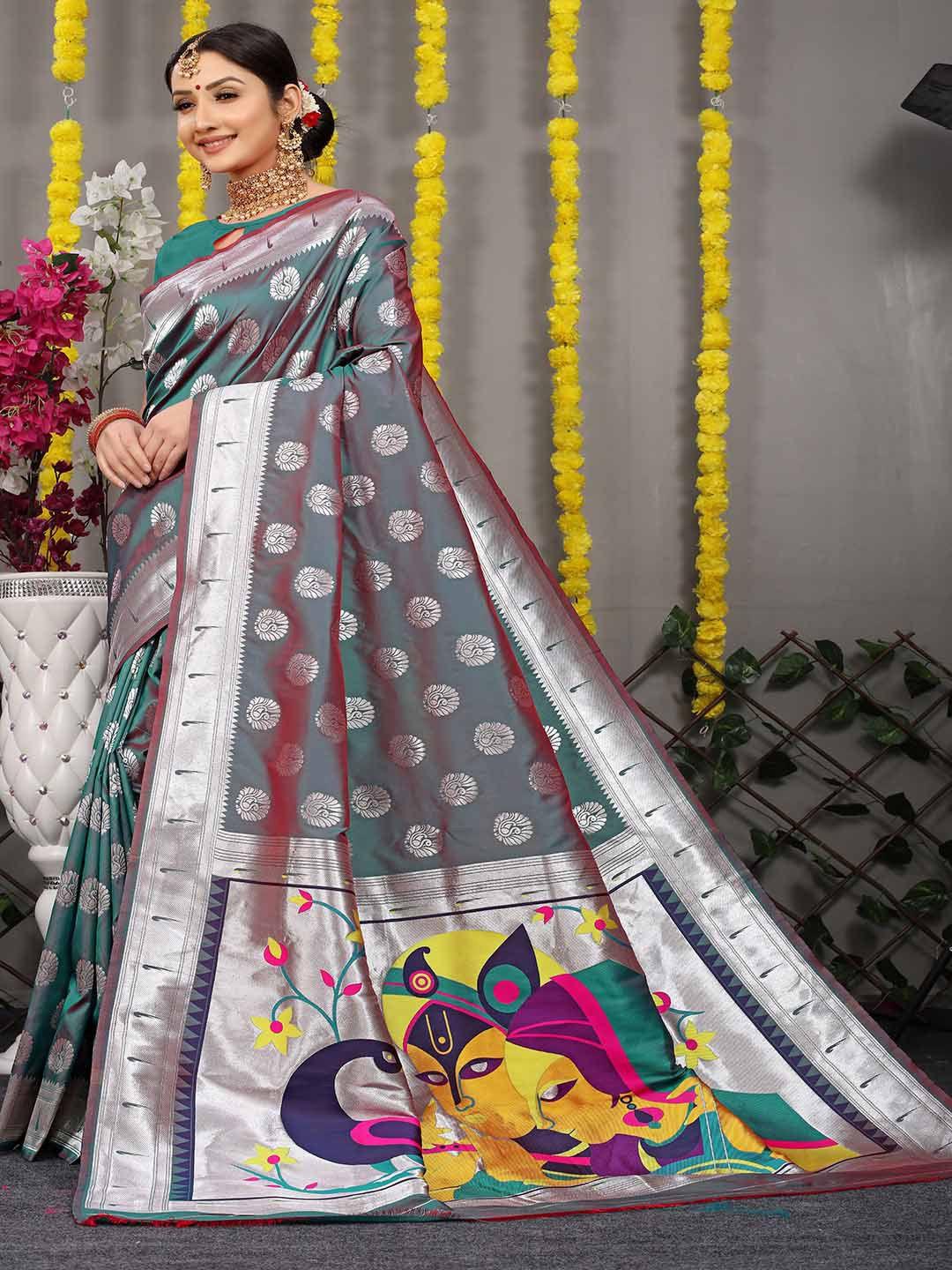 mitera green & silver-toned ethnic motif woven design zari saree