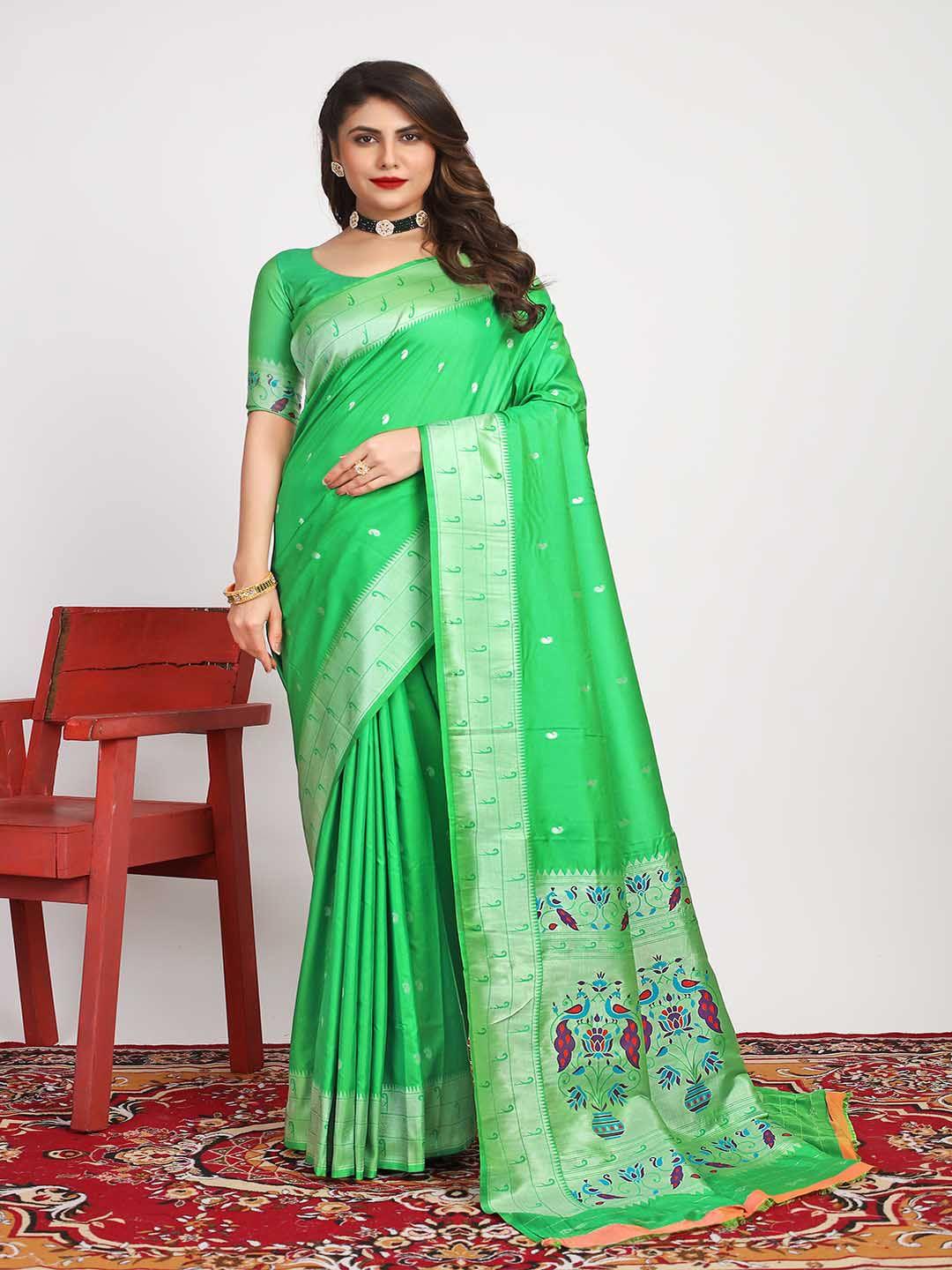 mitera green & silver-toned paisley woven design zari saree