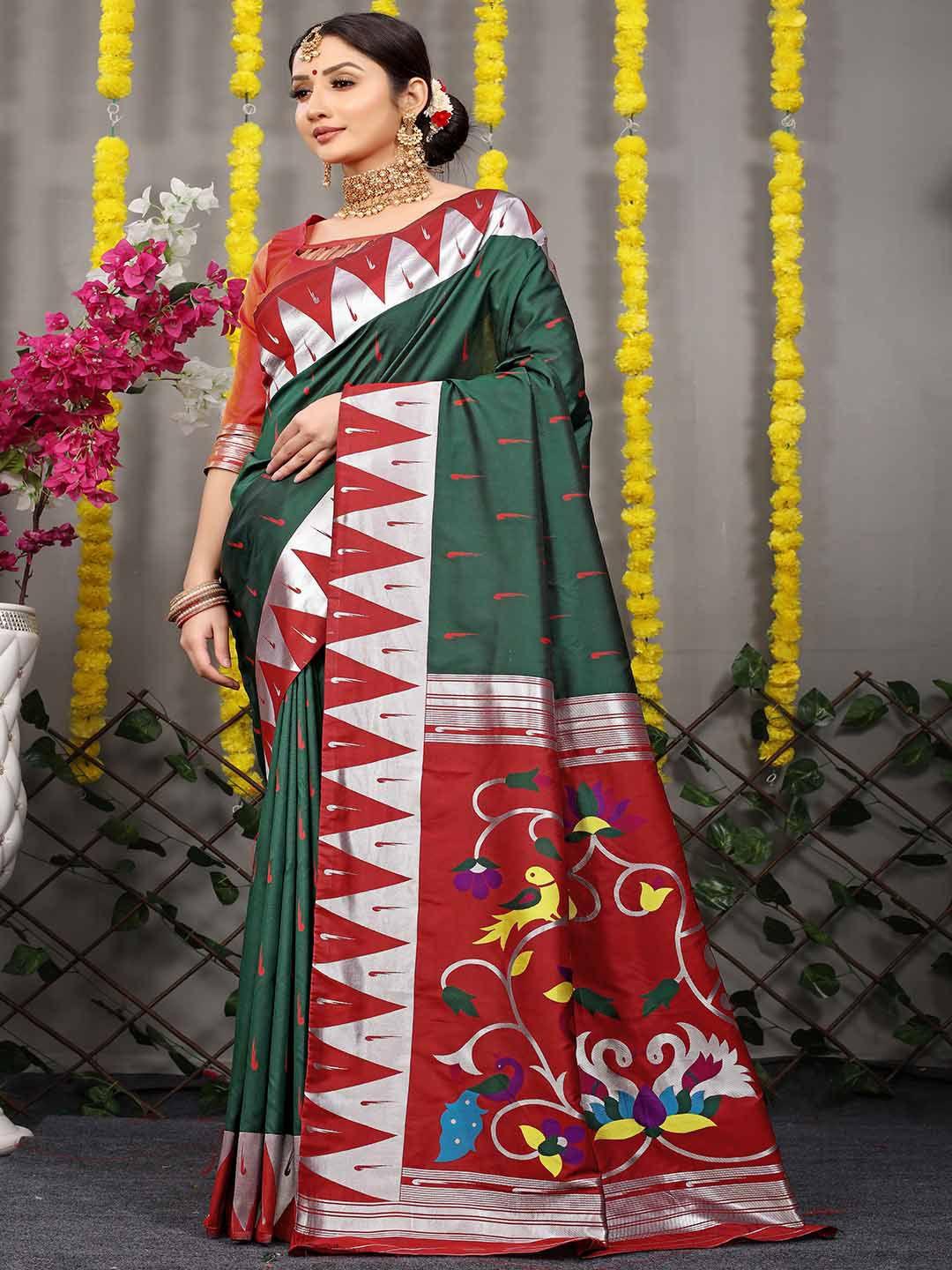 mitera green & silver-toned woven design zari art silk saree