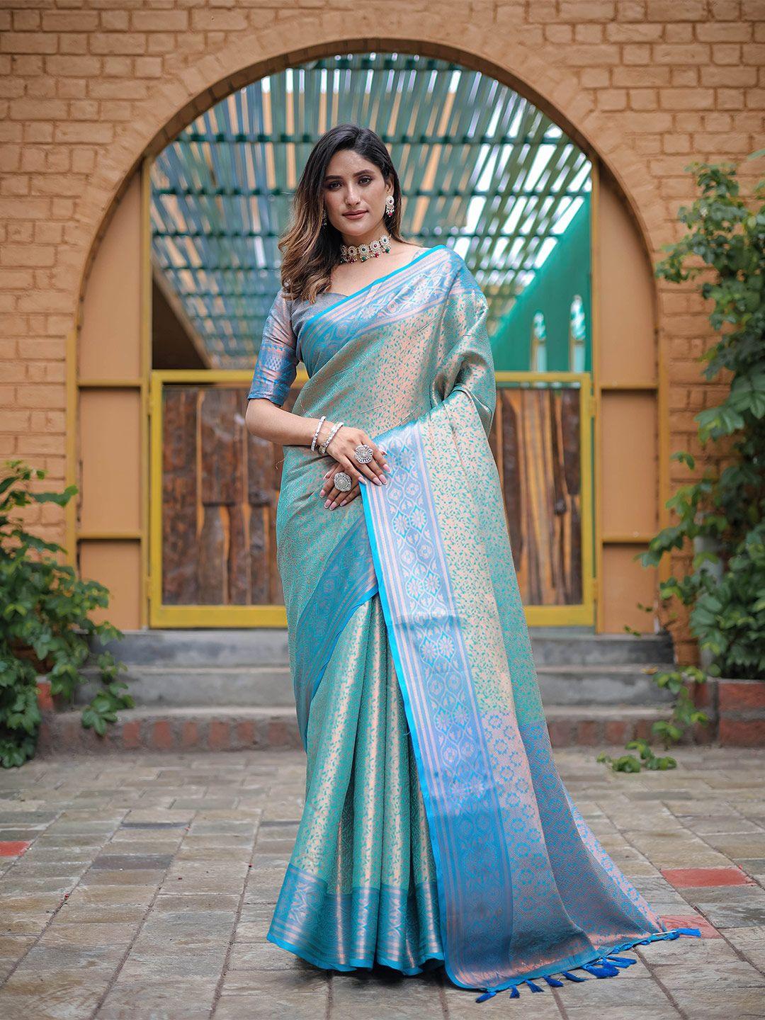 mitera green & turquoise blue woven design zari silk blend kanjeevaram saree