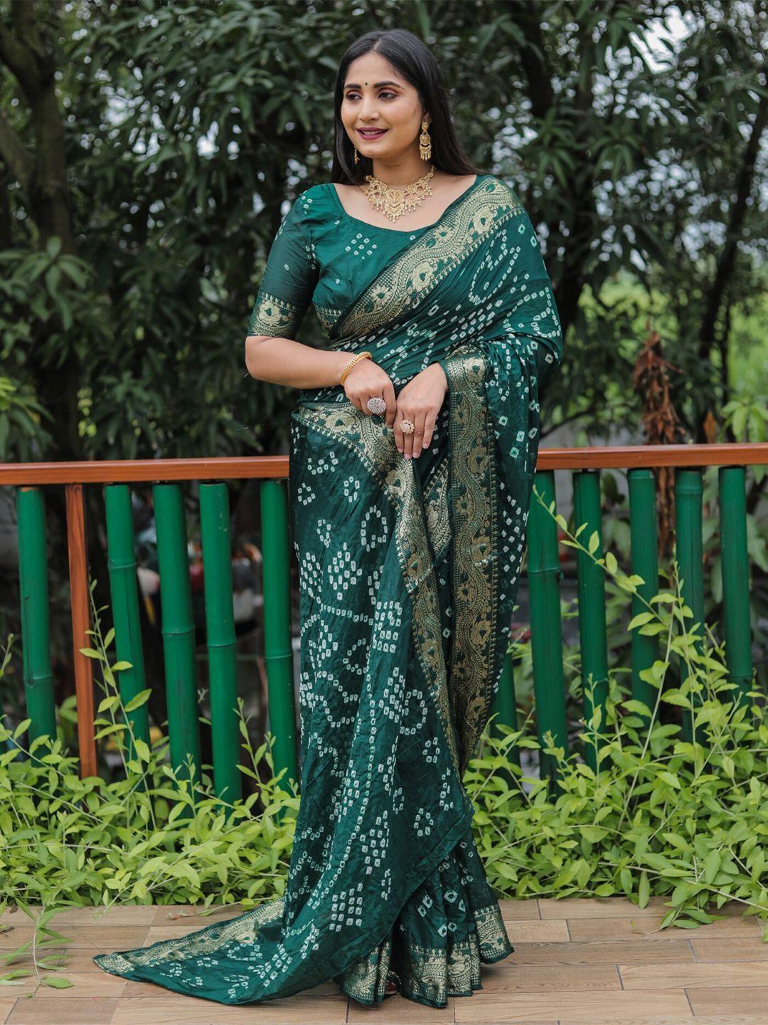 mitera green & white bandhani zari bandhani saree