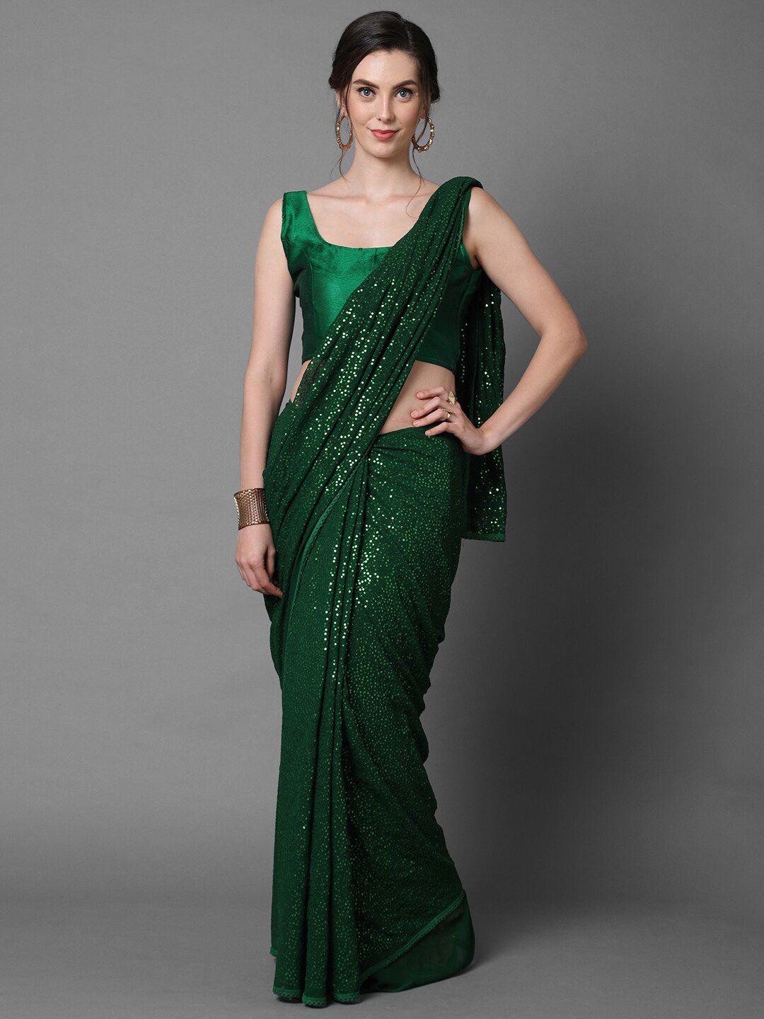 mitera green & white embellished sequinned saree