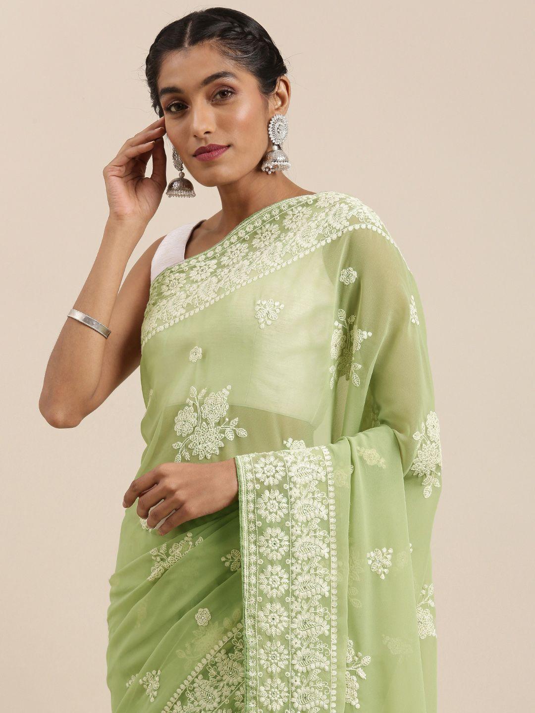 mitera green & white ethnic motifs embroidered pure georgette saree