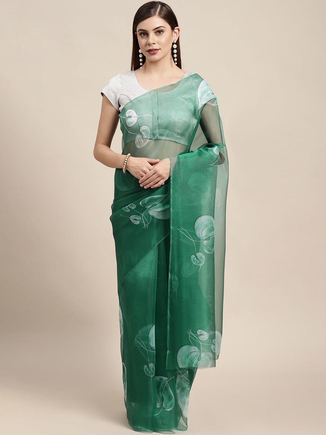 mitera green & white floral organza saree