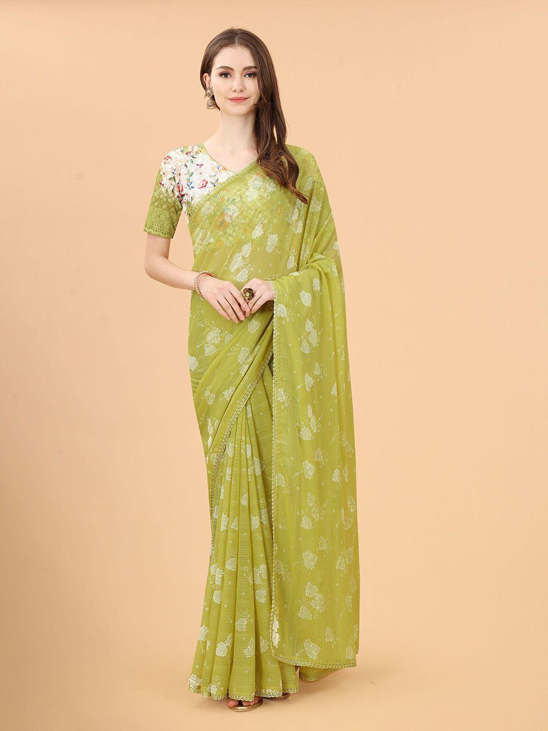 mitera green & white floral pure linen saree