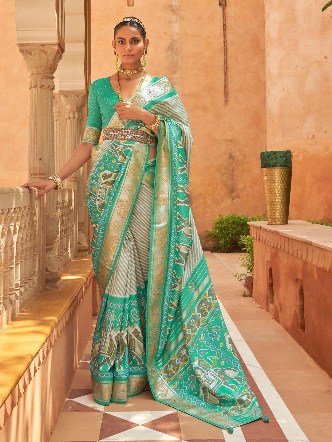 mitera green & white striped beads and stones patola saree