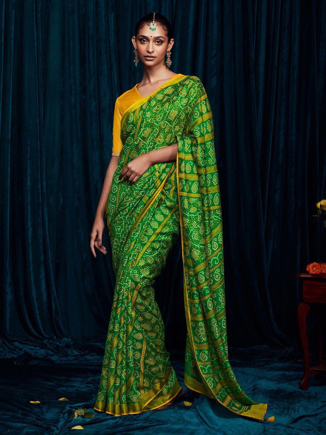 mitera green & yellow bandhani zari brasso bandhani saree