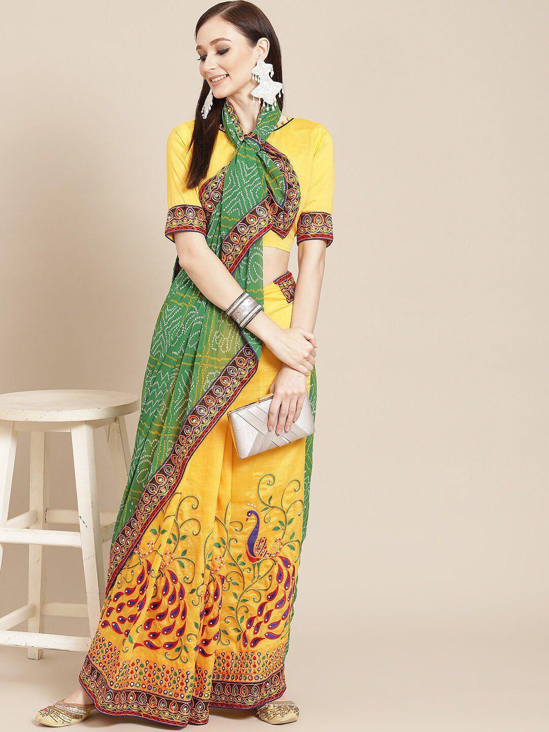 mitera green & yellow embroidered pure georgette half and half bandhani saree