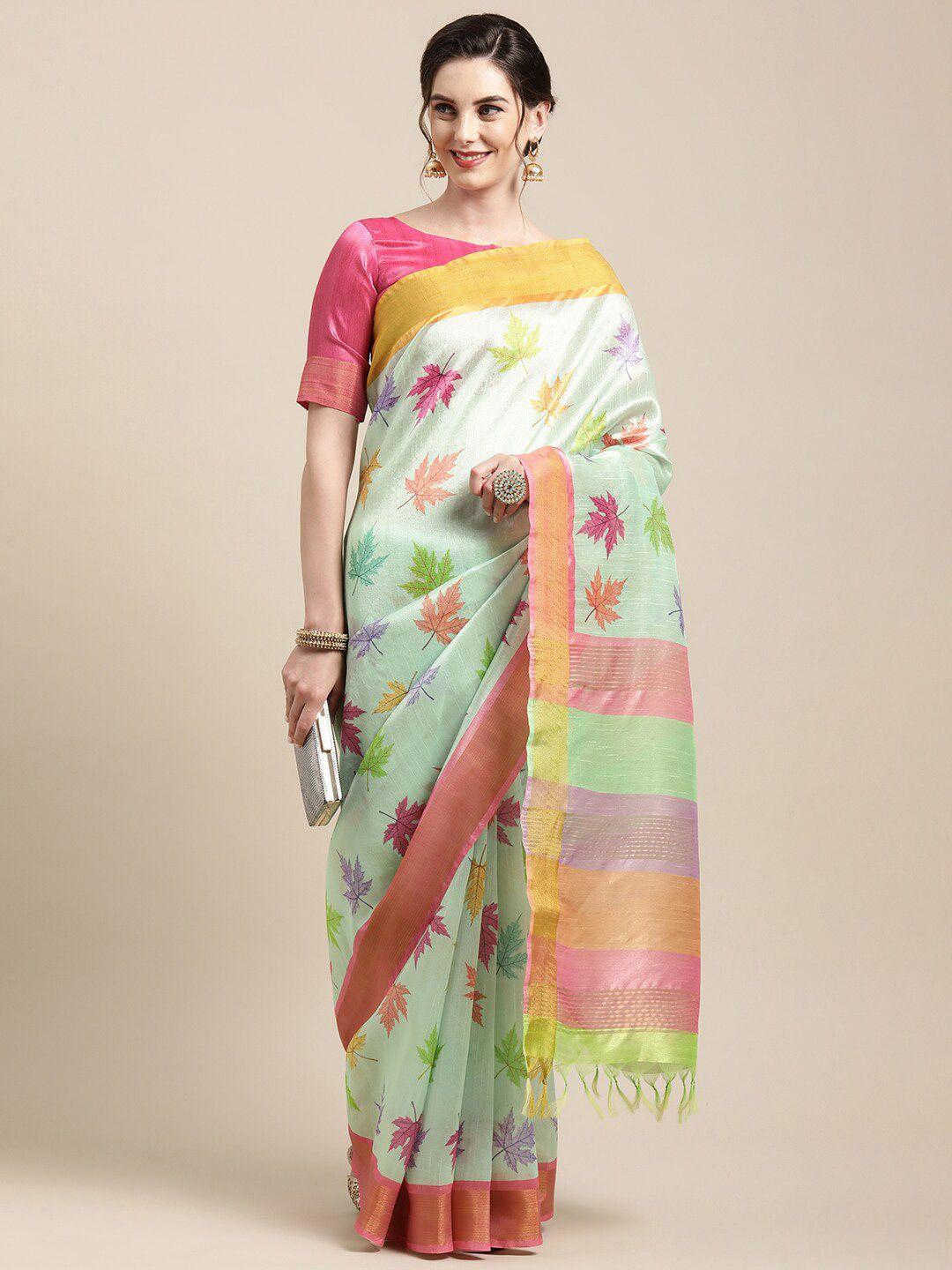 mitera green & yellow floral printed zari art silk saree