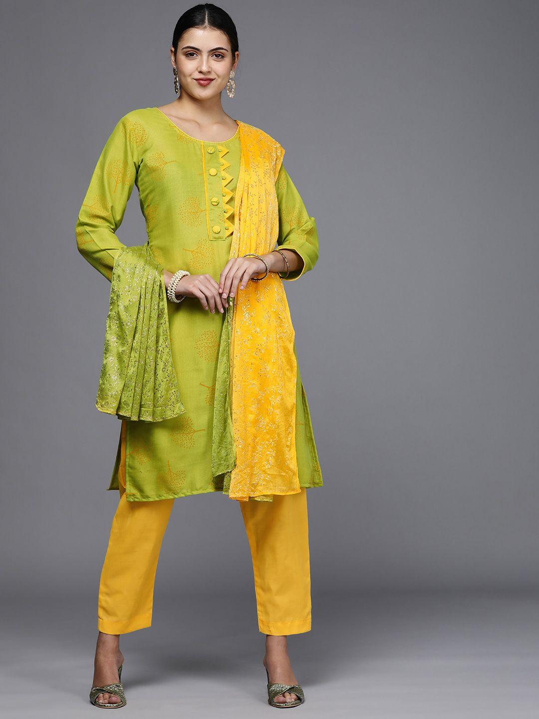 mitera green & yellow printed unstitched dress material