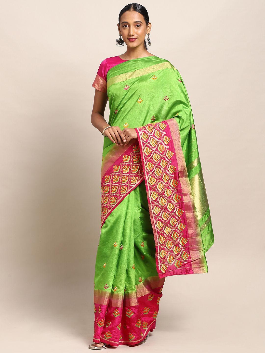 mitera green art silk embroidered kanjeevaram saree
