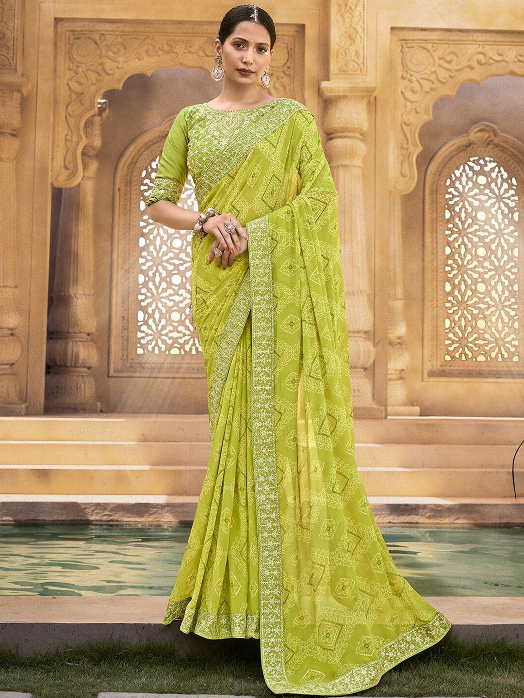 mitera green bandhani printed embroidered pure georgette saree